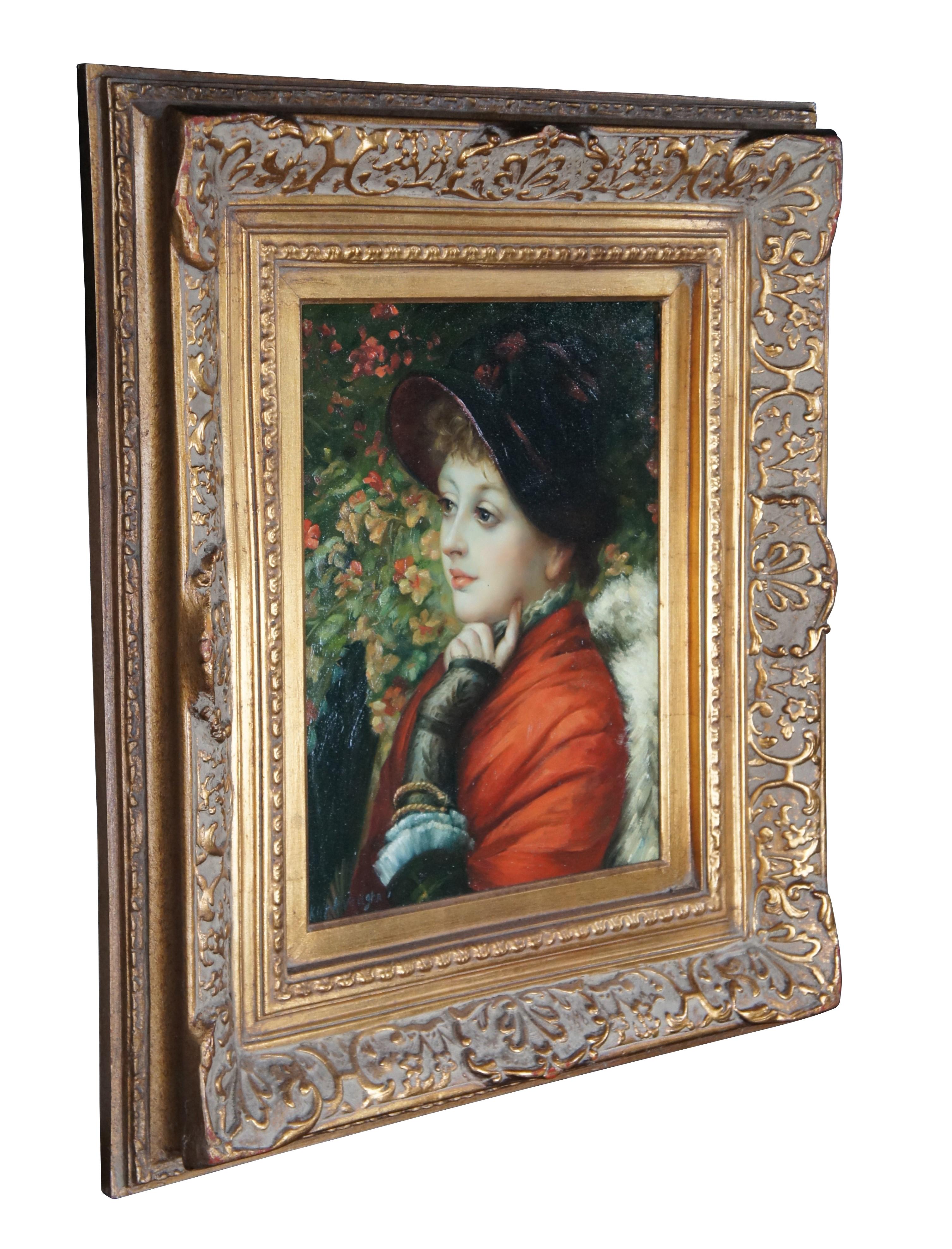 #42955

A beautiful late 20th Century Oil Painting of Mrs Kathleen Newton, after James Tissot. Signed lower left by Kurt Vaughn. The oil painting elegantly displays the French Aristrocrat dressed in red in front of flowers resting her hand against
