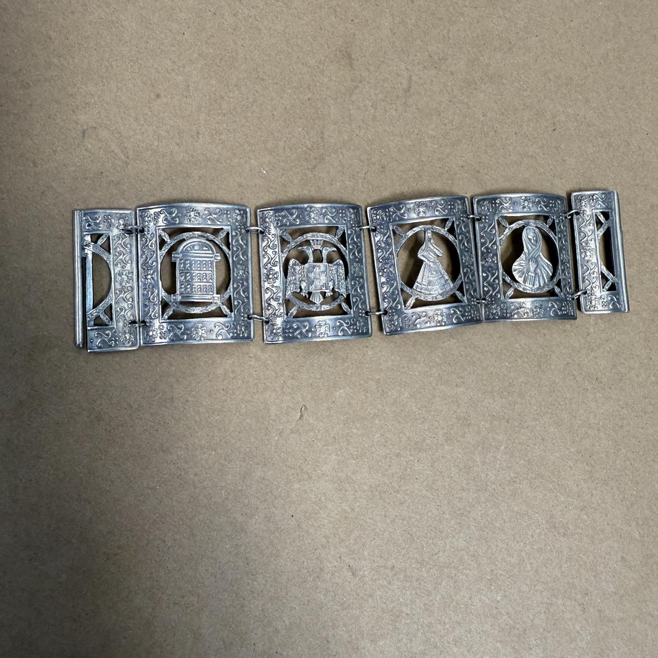 Mid-Century Modern MRT Peruvian Sterling Silver Wide Panel Story Bracelet For Sale