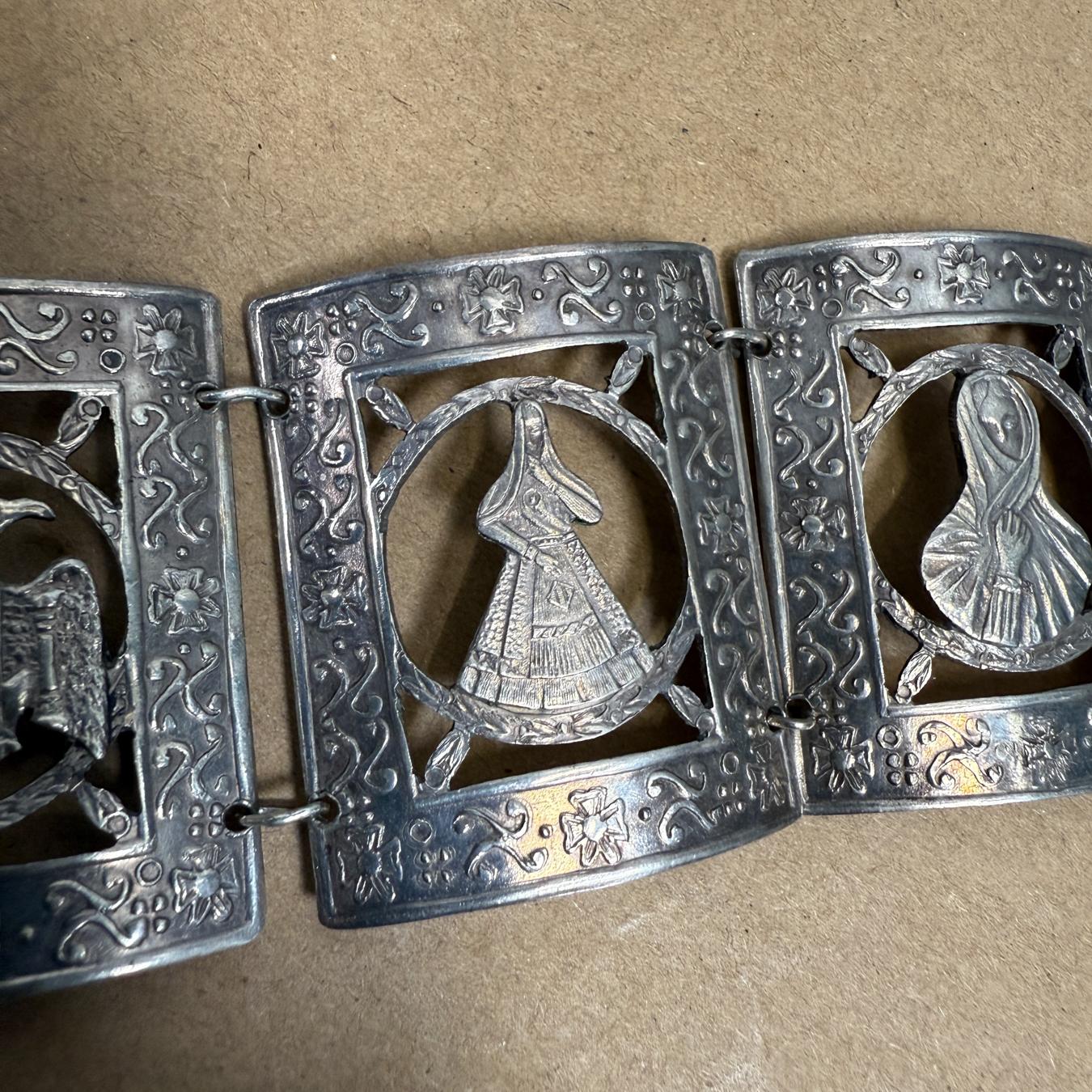 20th Century MRT Peruvian Sterling Silver Wide Panel Story Bracelet For Sale