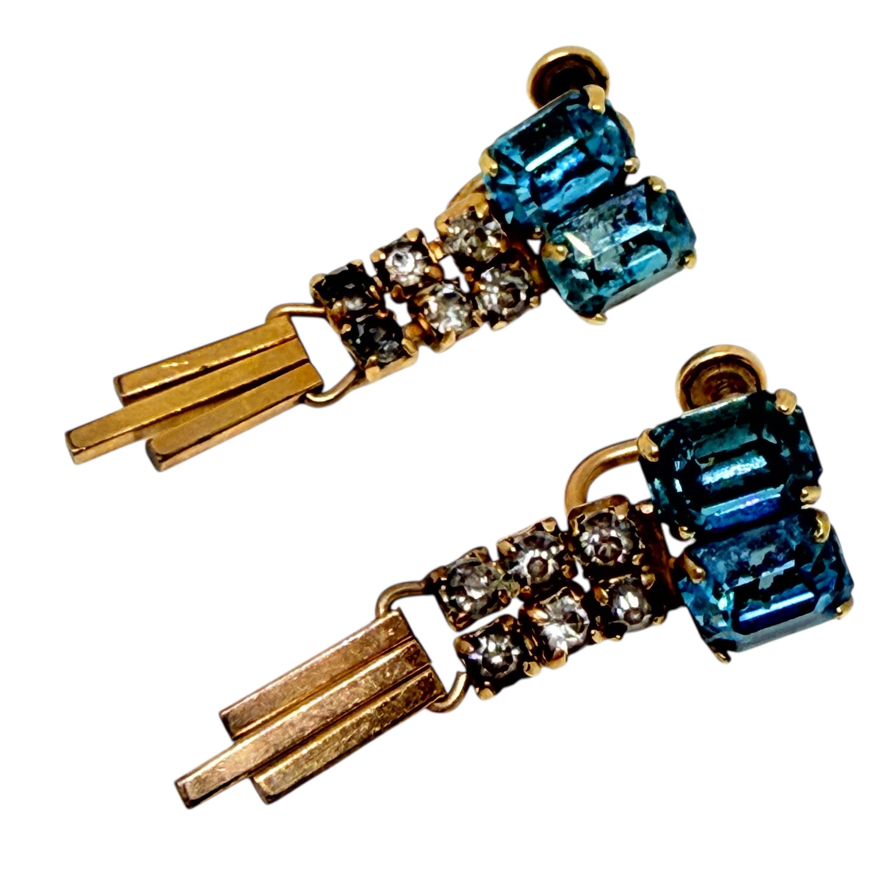 S.I.M. 1/20 orecchini con pietre di vetro blu riempiti d'oro 12k con chiusura a vite in vendita 1