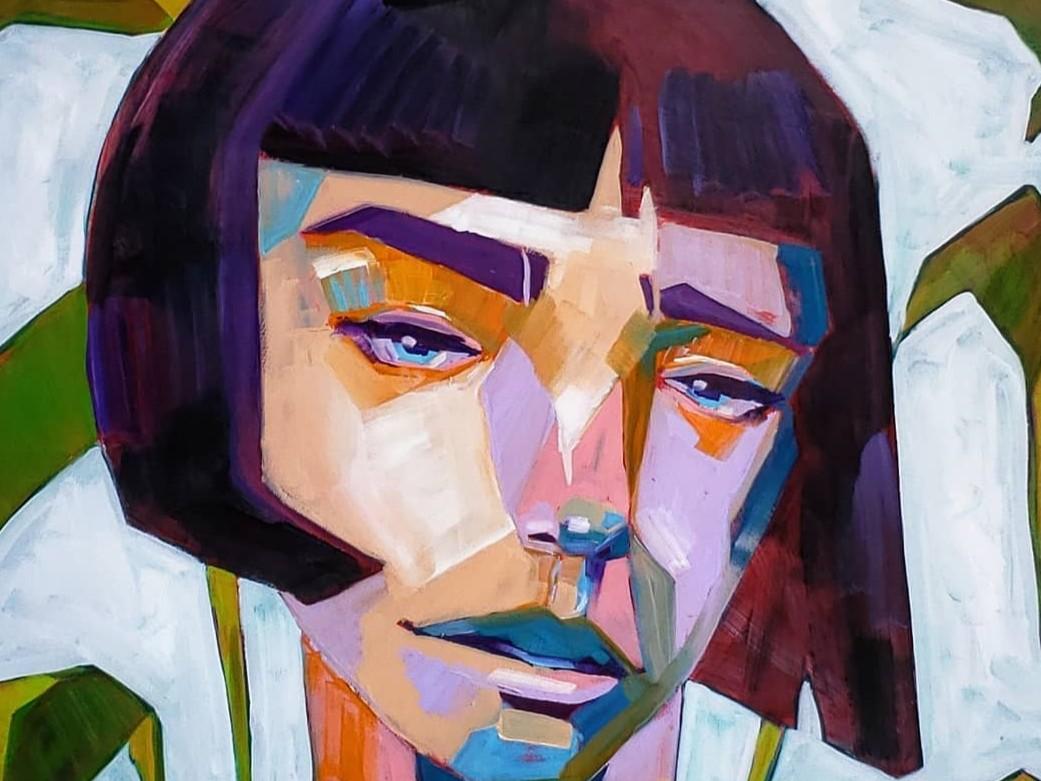Ms. Maybe von James Mattison, 36x36, Öl auf Leinwand aus Holz, 2021 (Moderne der Mitte des Jahrhunderts) im Angebot