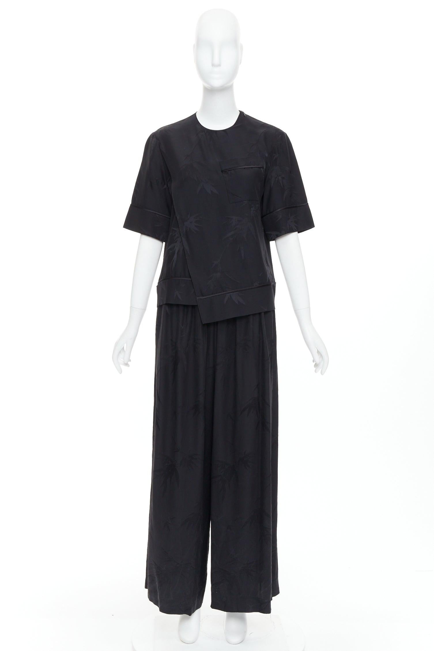 Ensemble chemise-pantalon décontracté MS MIN 100 % soie brocart de bambou noir en vente 5