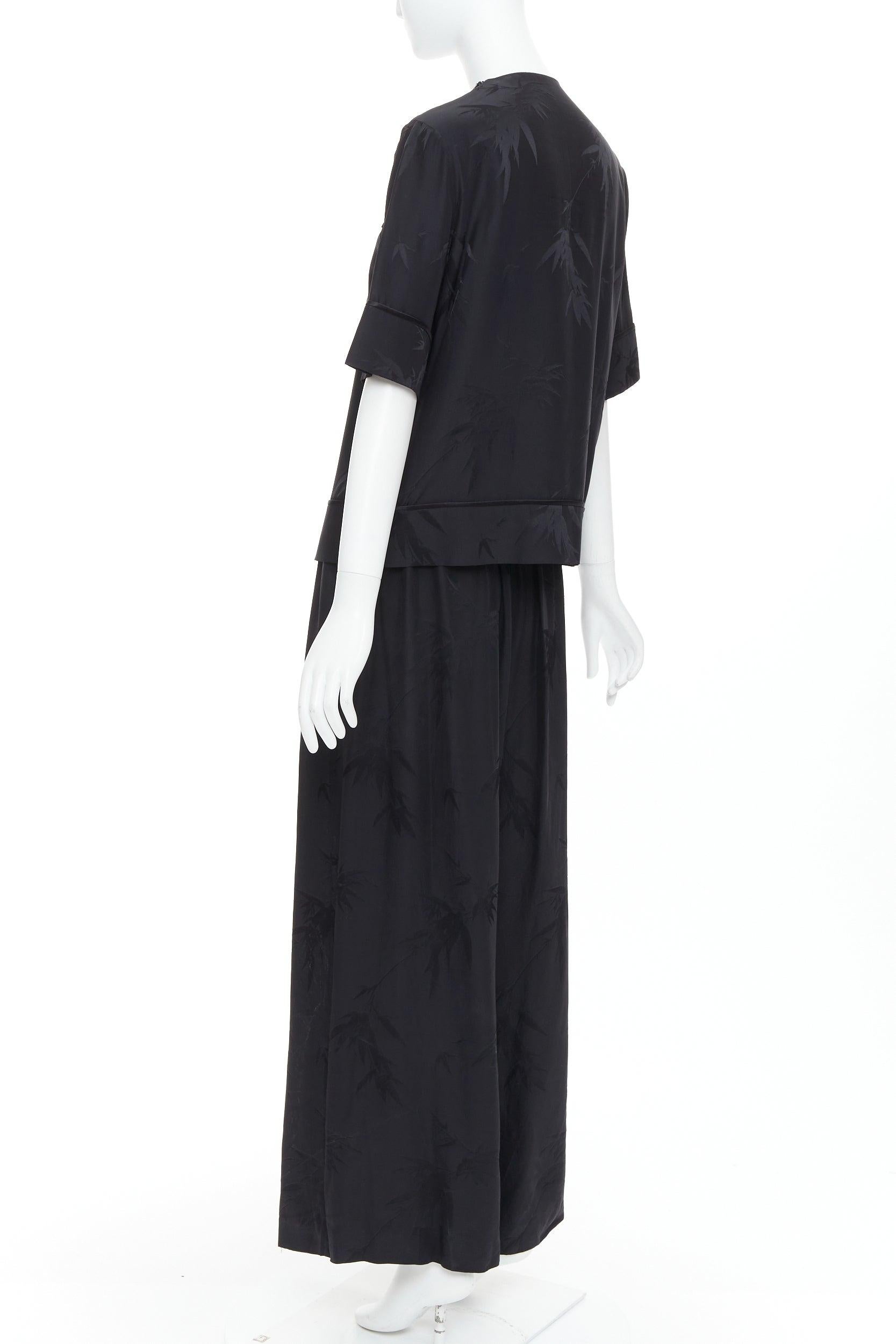 Ensemble chemise-pantalon décontracté MS MIN 100 % soie brocart de bambou noir en vente 1