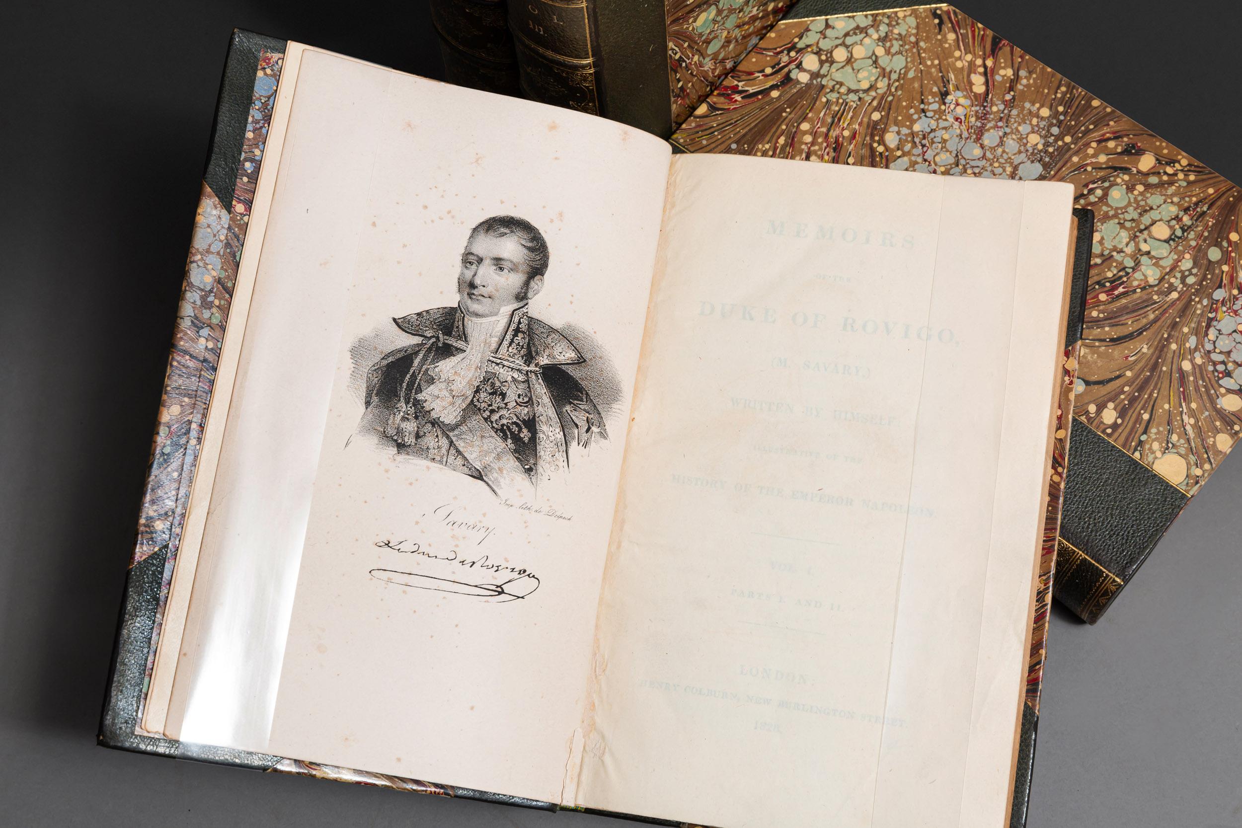 4 Volumes. M.Savary. Memoirs Of The Duke Rovigo(Written By Himself). Illustrative Of The History Of Emperor Napoleon. Bound in 3/4 green morocco, marbled boards and endpapers, top edges gilt, raised bands, gilt panels, frontispiece in Volume one.