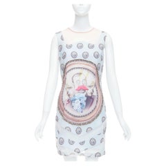 MSGM baby blue silk blend portrait print embellished shift dress L
