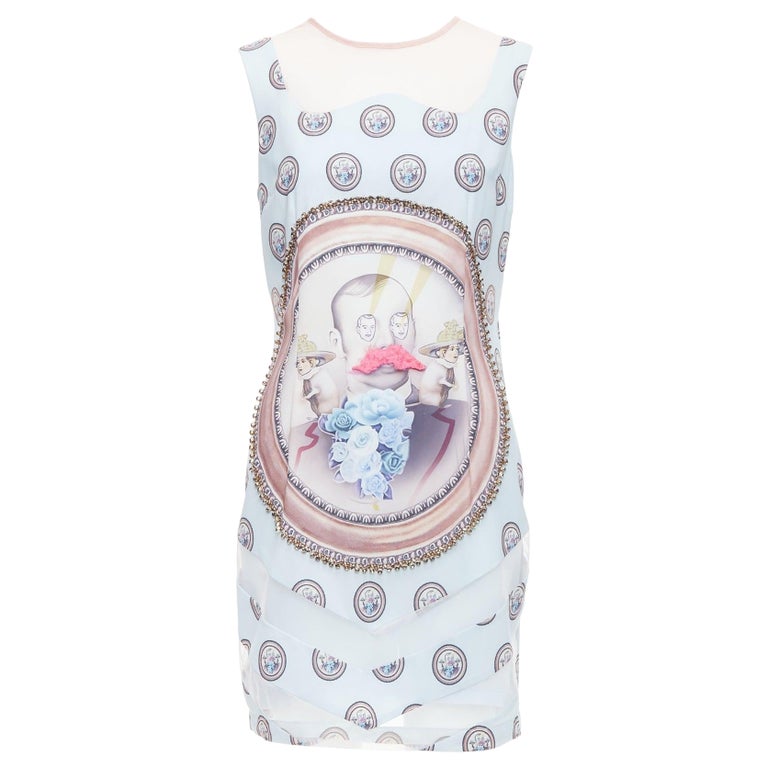 MSGM baby blue silk blend portrait print embellished shift dress L For Sale at 1stDibs MSGM baby blue silk blend portrait print embellished shift dress L For Sale at 1stDibs