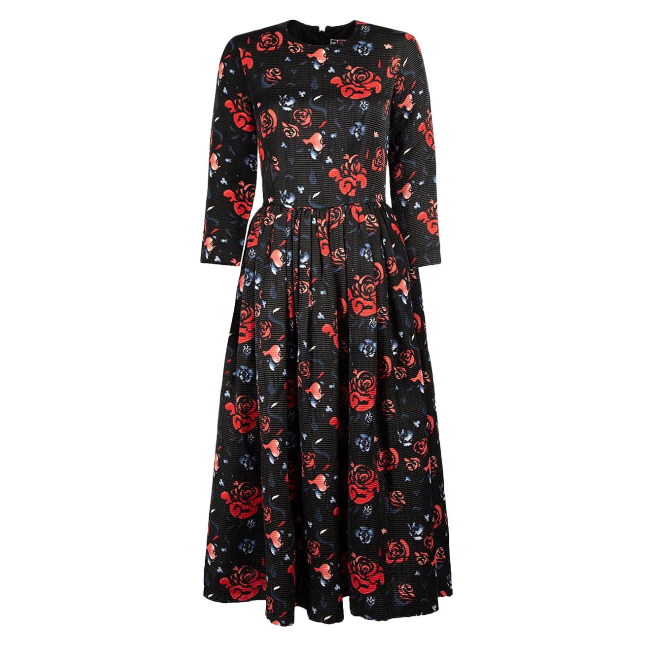 MSGM Schwarzes strukturiertes Midikleid mit Blumendruck Größe S im Angebot
