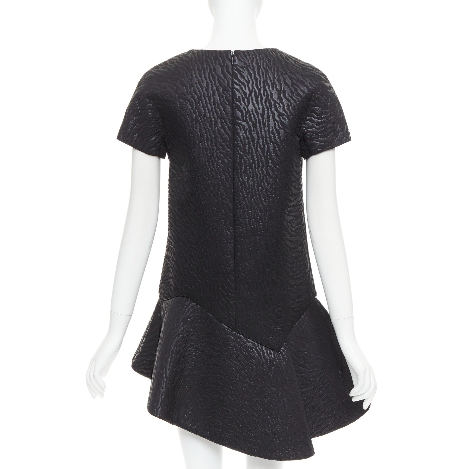 Women's MSGM black tiger stripe neoprene asymmetric flounce mini dress IT42 M For Sale