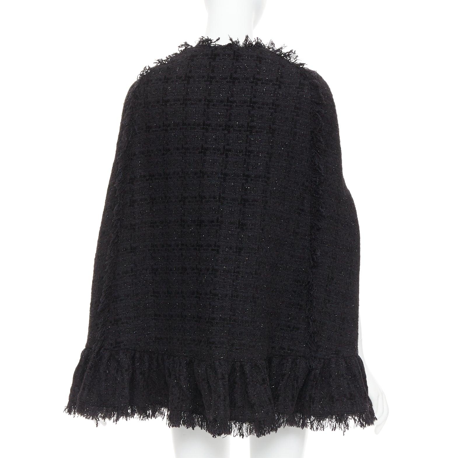 Donna MSGM cappotto a mantella in tweed nero con bottoni varsity dorati e frange IT38 XS in vendita