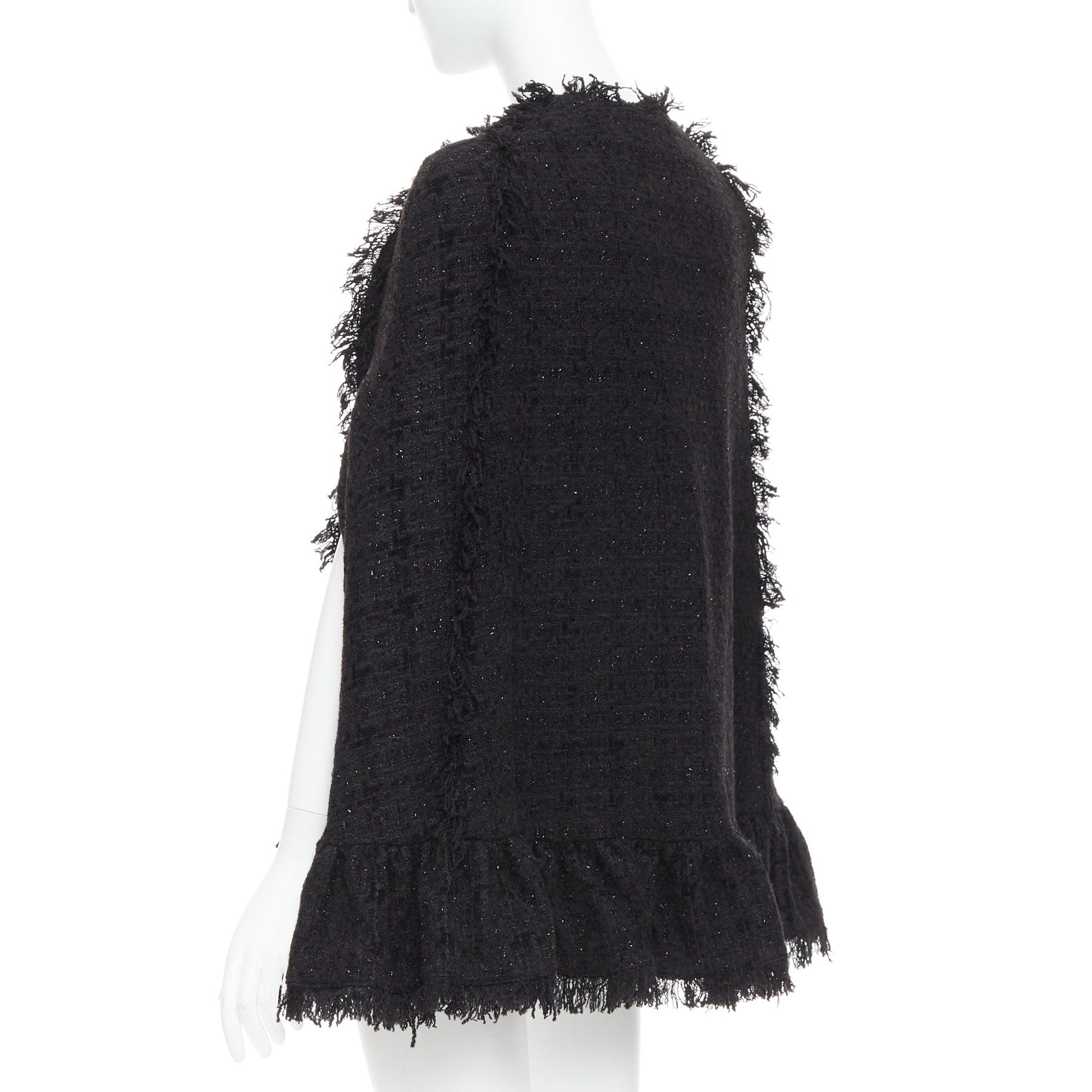 MSGM cappotto a mantella in tweed nero con bottoni varsity dorati e frange IT38 XS in vendita 1
