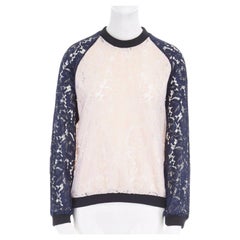 MSGM blue sleeve pink floral lace mesh overlay sweater pullover top  IT42 US4 S