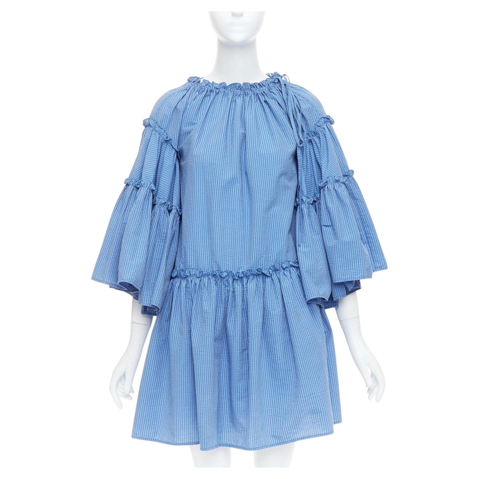 MSGM blue striped cotton blend flared sleeves drawstring dress IT38 XS