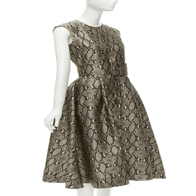 Gray MSGM brown python snakeskin print wide belted fit flare midi dress IT38 XS For Sale