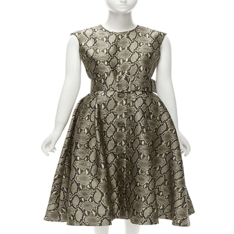 MSGM brown python snakeskin print wide belted fit flare midi dress IT38 XS For Sale
