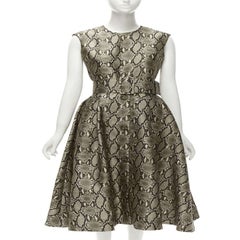 MSGM brown python snakeskin print wide belted fit flare midi dress IT38 XS