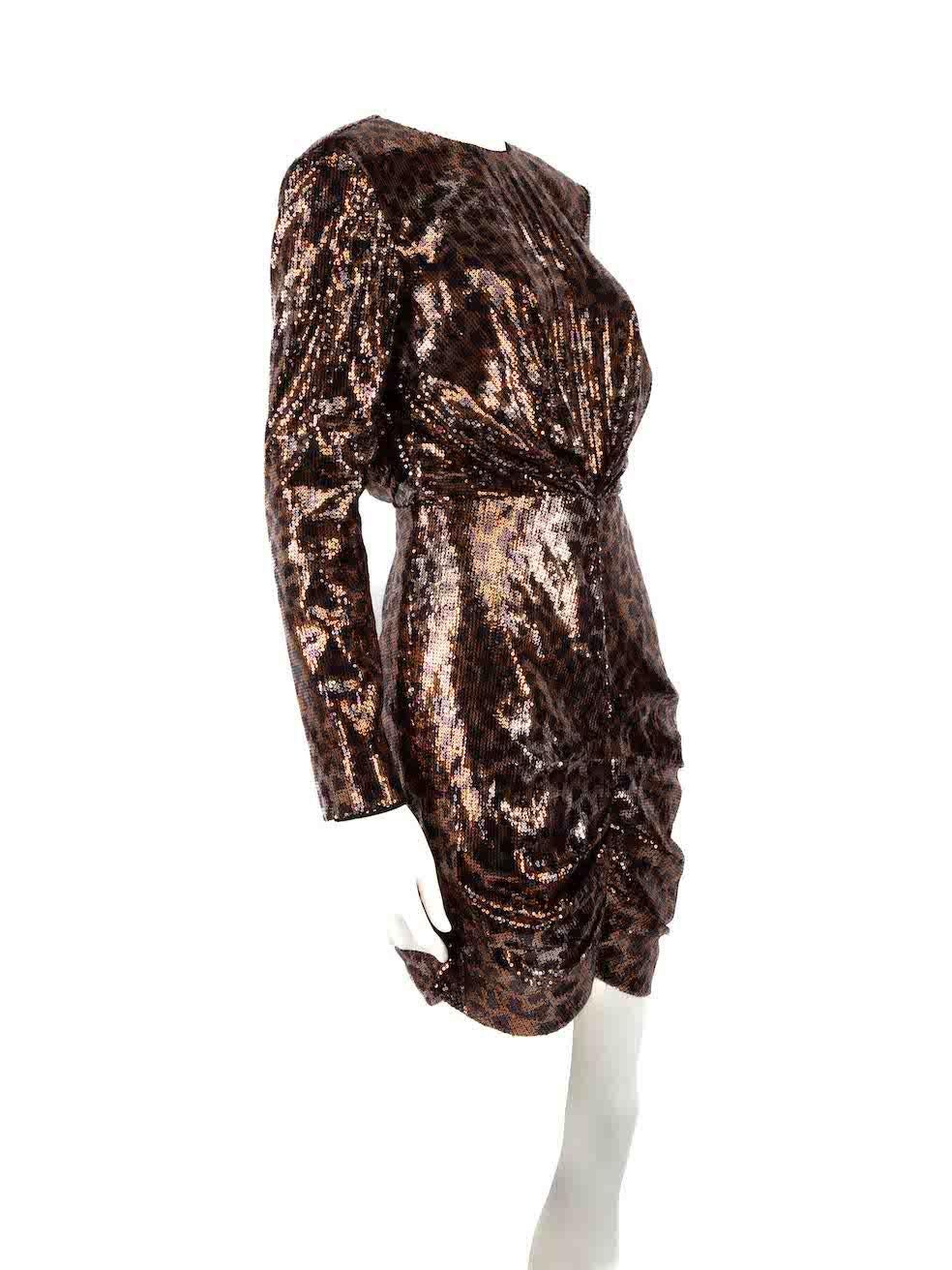 CONDITION is Very good. Hardly any visible wear to dress is evident on this used MSGM designer resale item.
 
 
 
 Details
 
 
 Brown
 
 Polyester
 
 Dress
 
 Sequin leopard print
 
 Long sleeves
 
 Round neck
 
 Mini
 
 Ruched detail
 
 Back zip