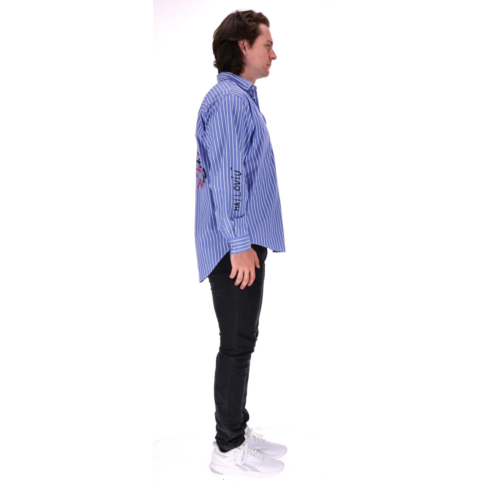 Blue MSGM Cotton Striped Graphic Print Shirt For Sale