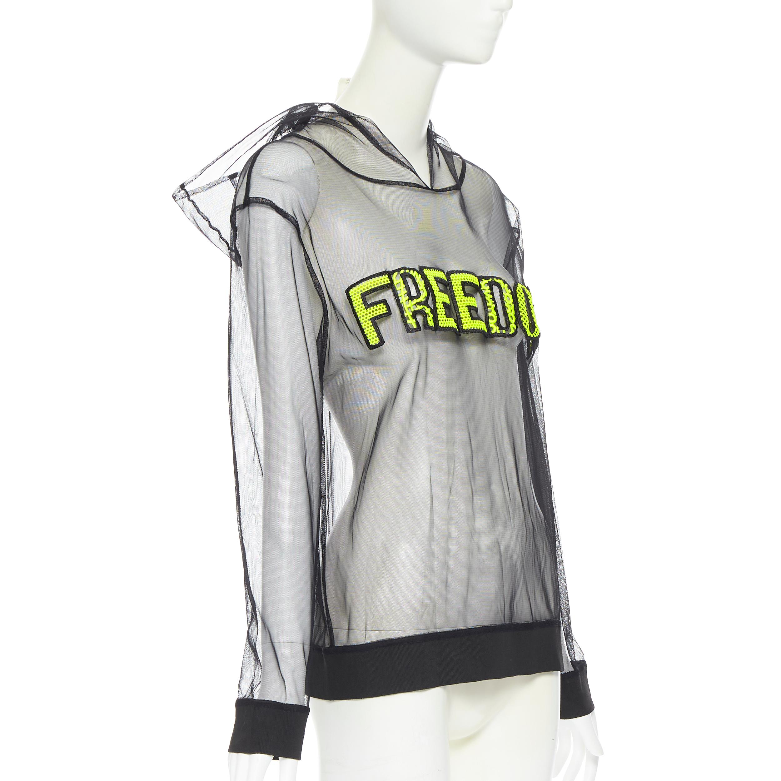 Gray MSGM Freedom neon yellow patch black sheer hooded pullover top Fr38 S