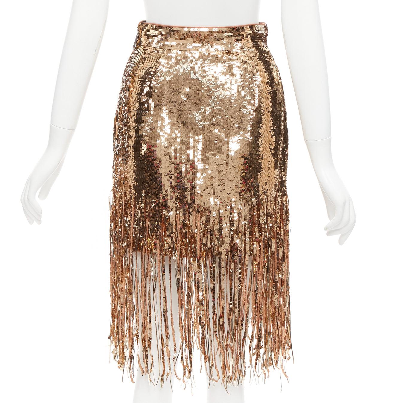 MSGM metallic gold sequins fringe hem flapped skirt IT38 XS For Sale 1
