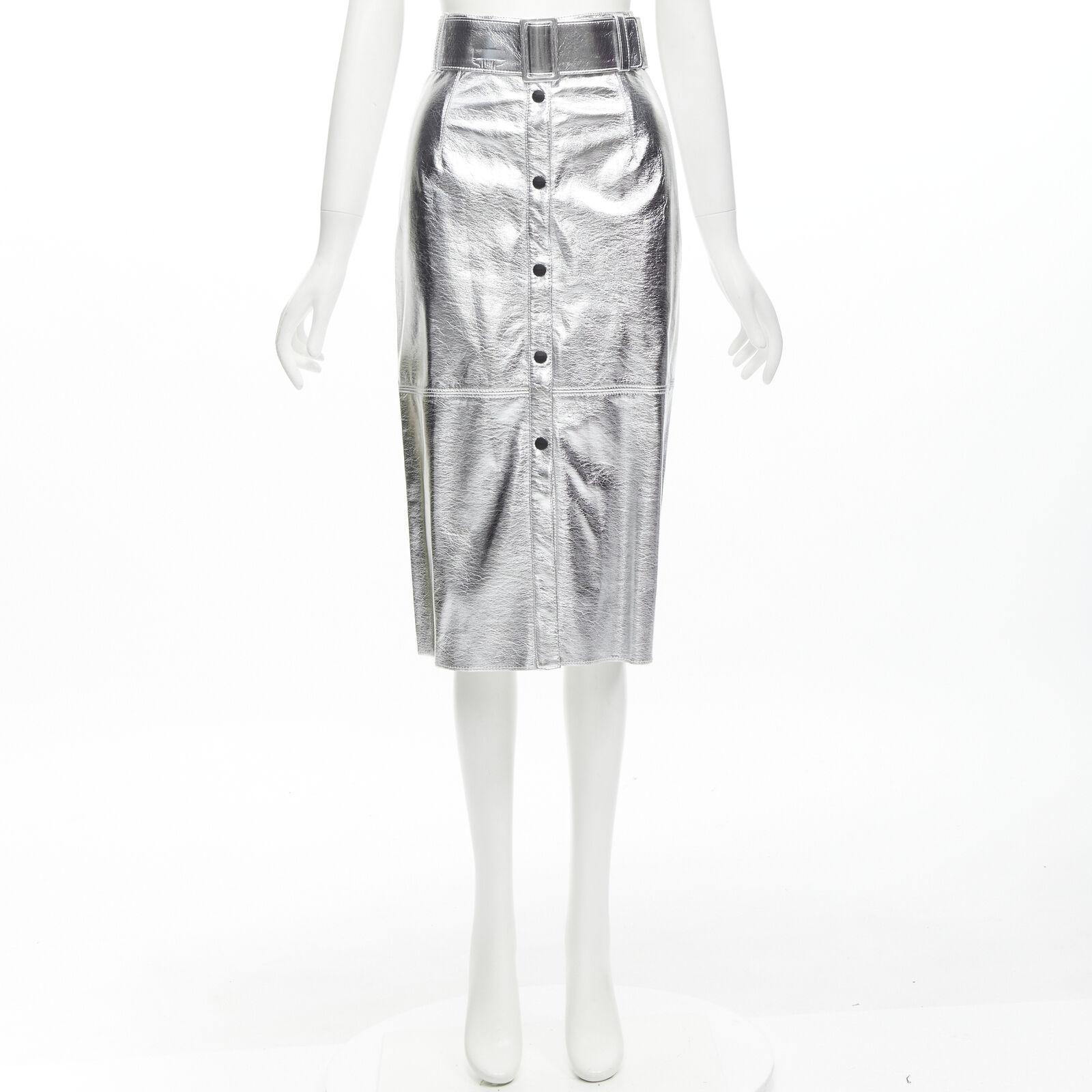 MSGM metallic silver faux leather oversized belt pencil skirt IT38 XS For Sale 5