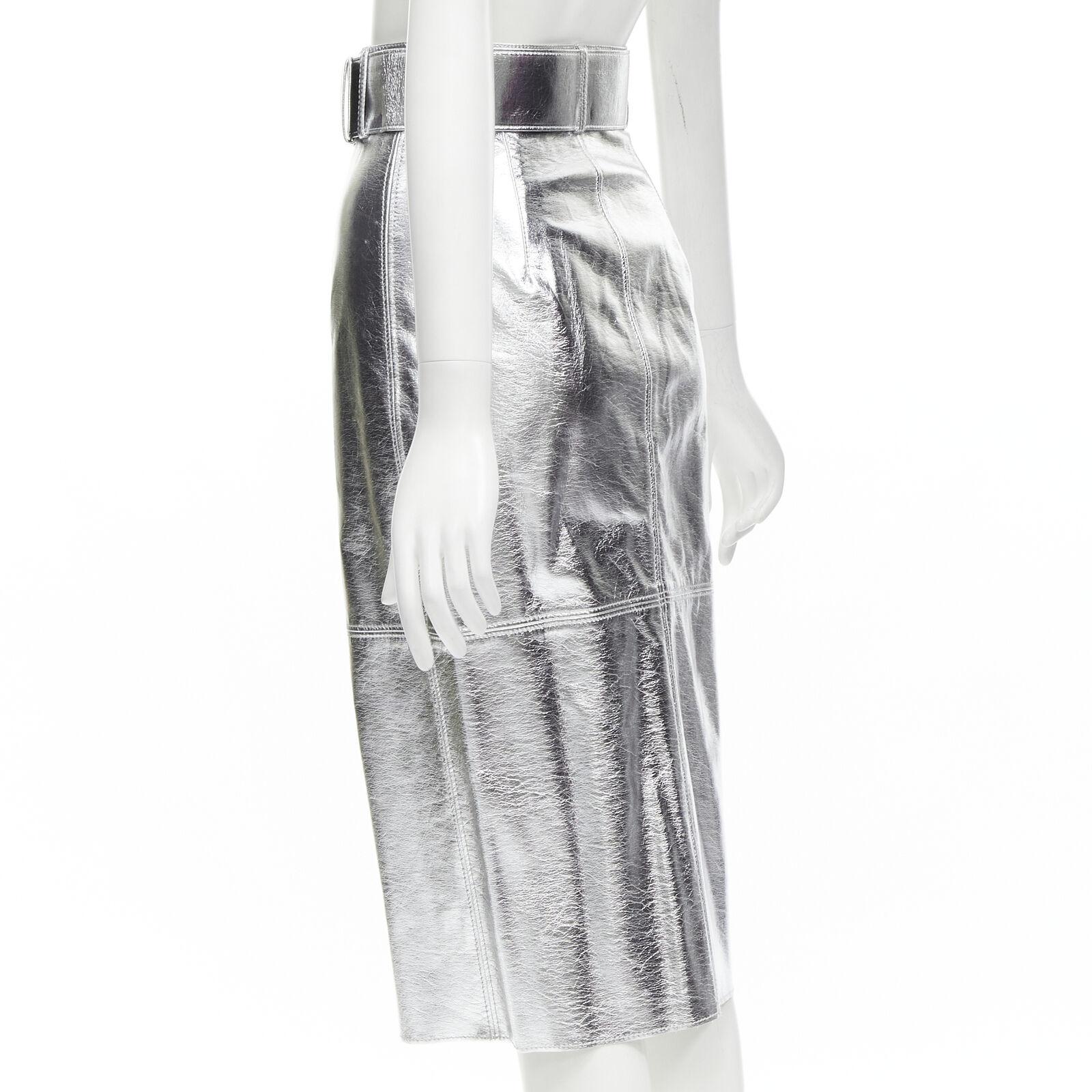 MSGM metallic silver faux leather oversized belt pencil skirt IT38 XS For Sale 1