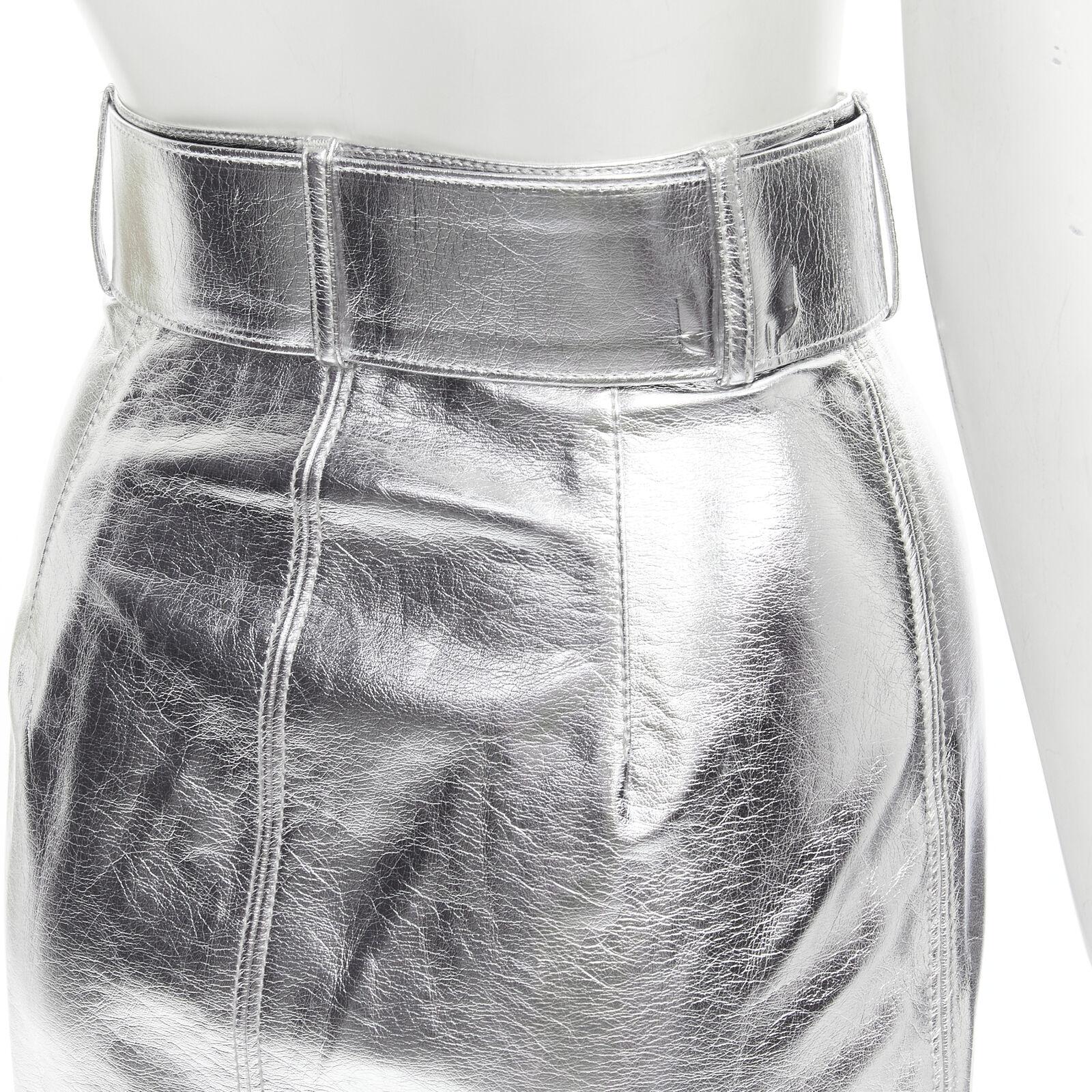 MSGM metallic silver faux leather oversized belt pencil skirt IT38 XS For Sale 3