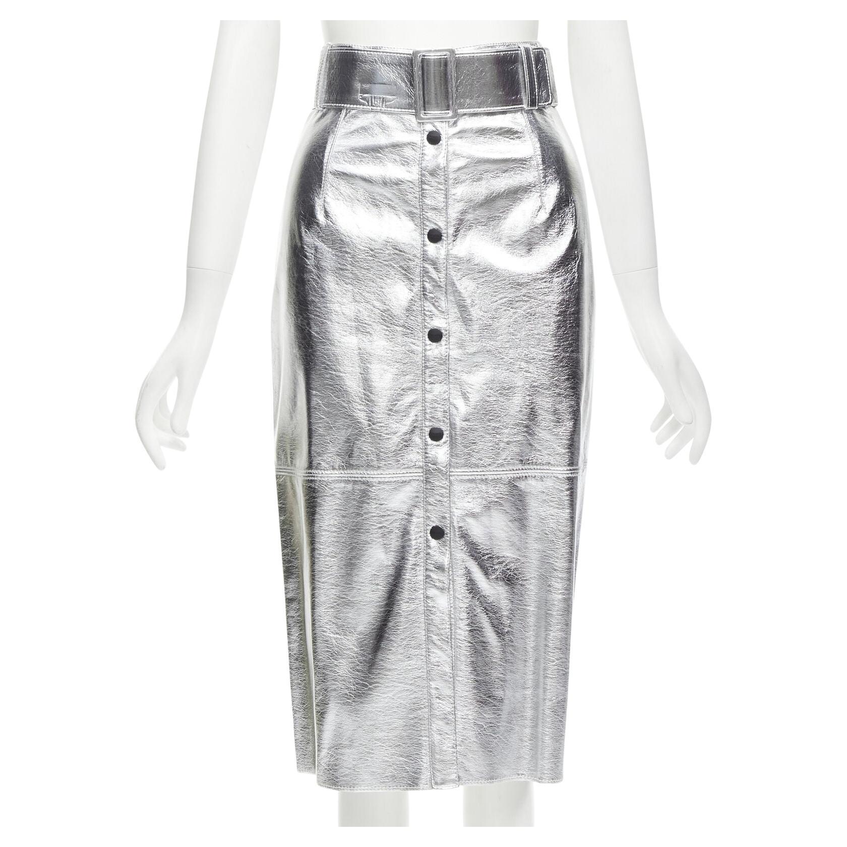 MSGM metallic silver faux leather oversized belt pencil skirt IT38 XS For Sale