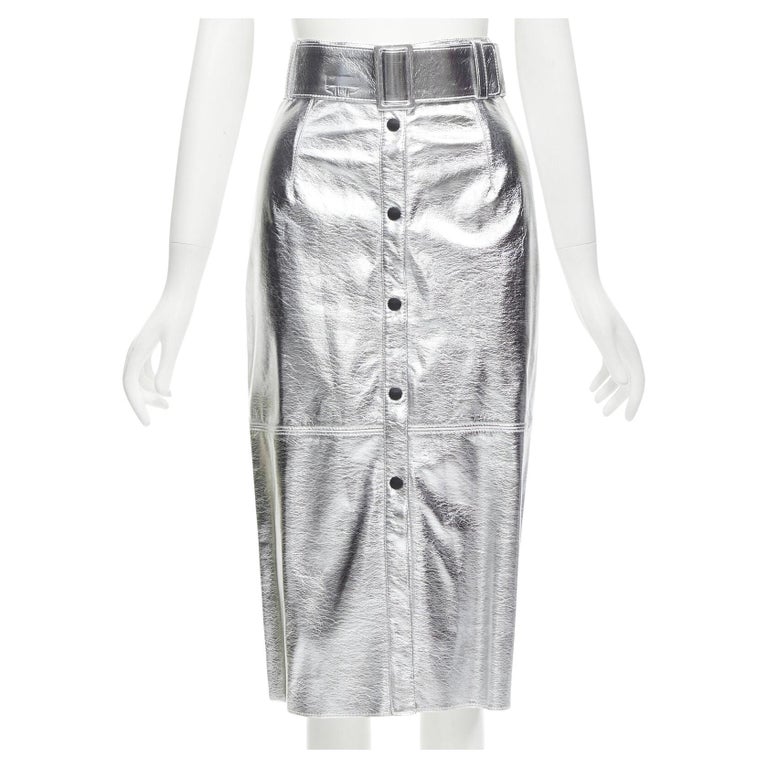 MSGM metallic silver faux leather oversized belt pencil skirt IT38 XS ...