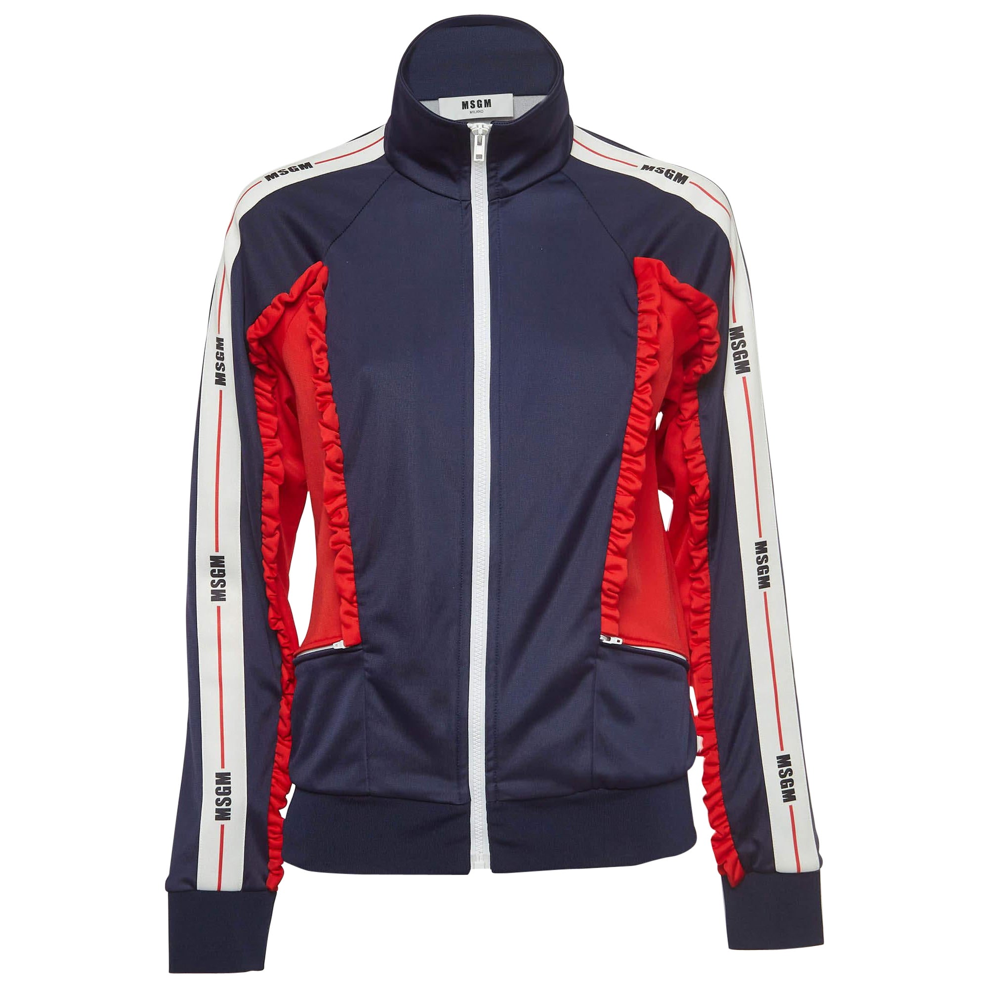 MSGM Navy Blue/Red Jersey Ruffle Detail Bomber Jacket M