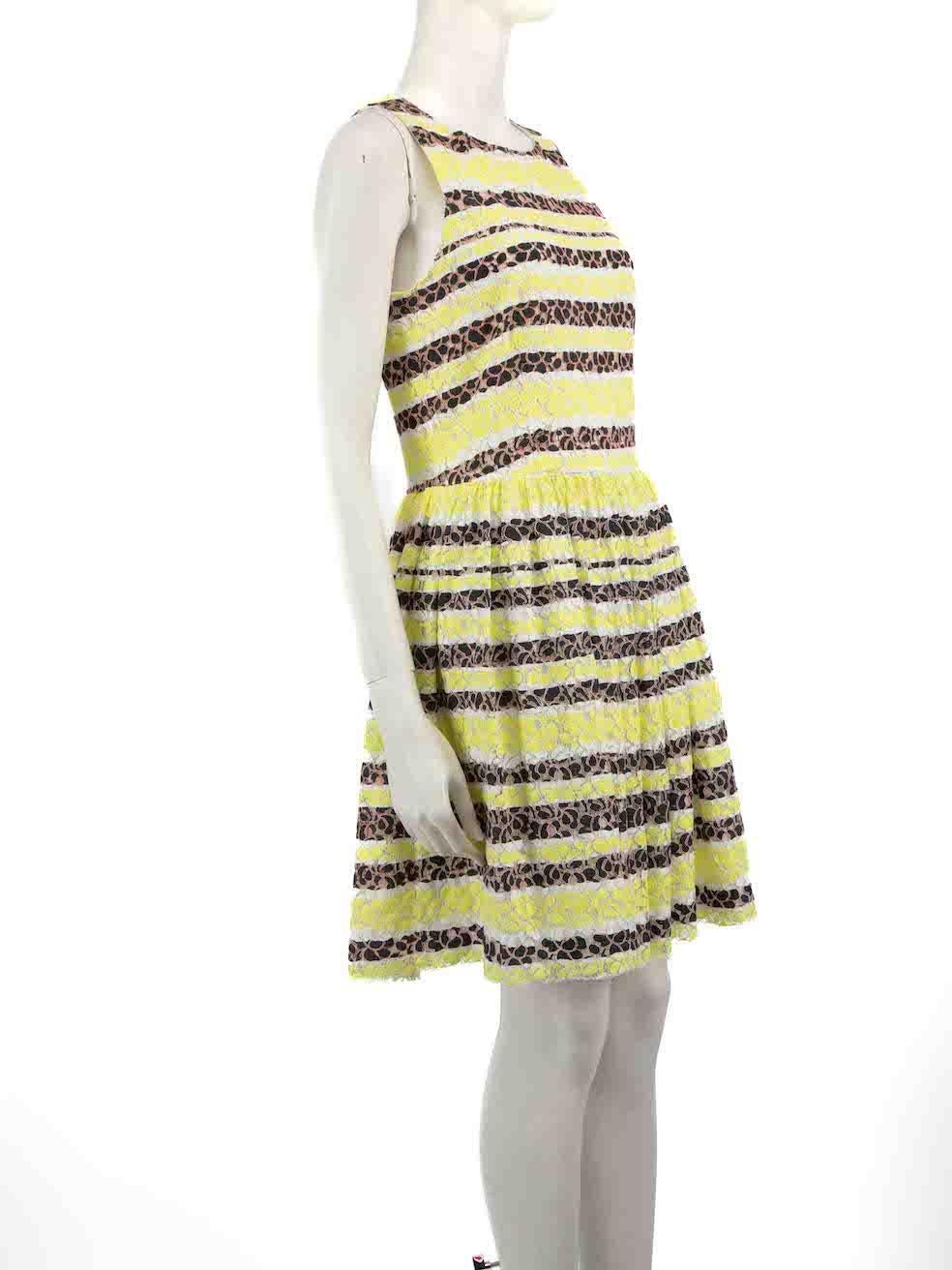 CONDITION is Very good. Hardly any visible wear to dress is evident on this used MSGM designer resale item.
 
 
 
 Details
 
 
 Neon yellow
 
 Lace
 
 Dress
 
 Striped pattern
 
 Sleeveless
 
 Gathered skirt
 
 Knee length
 
 Back zip fastening
 
 
