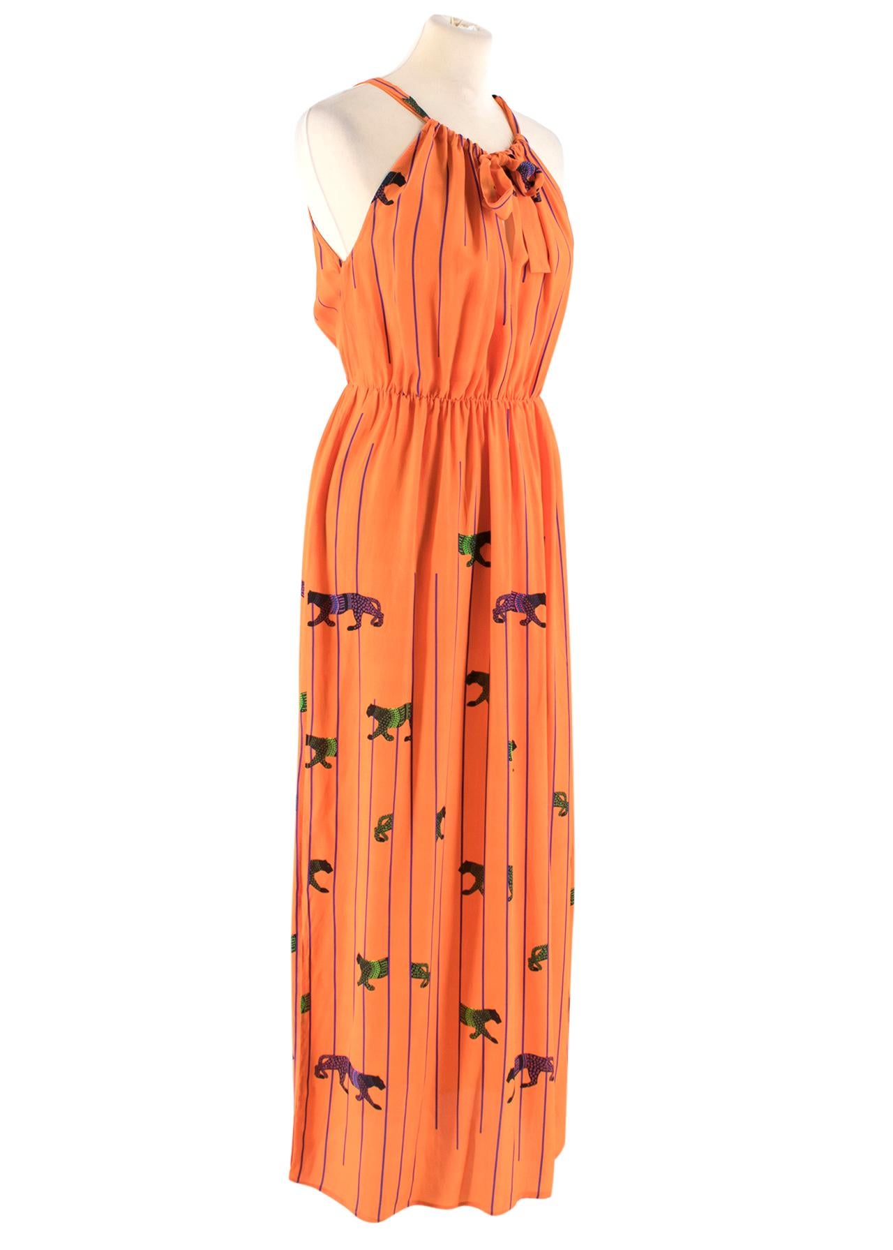 MSGM Orange Striped Tiger Print Long Silk Dress

- Orange, lightweight, striped and tiger print long silk dress
- Elasticated waist
- Self-tie drawstring neckline 
- Slim shoulder straps

Please note, these items are pre-owned and may show some