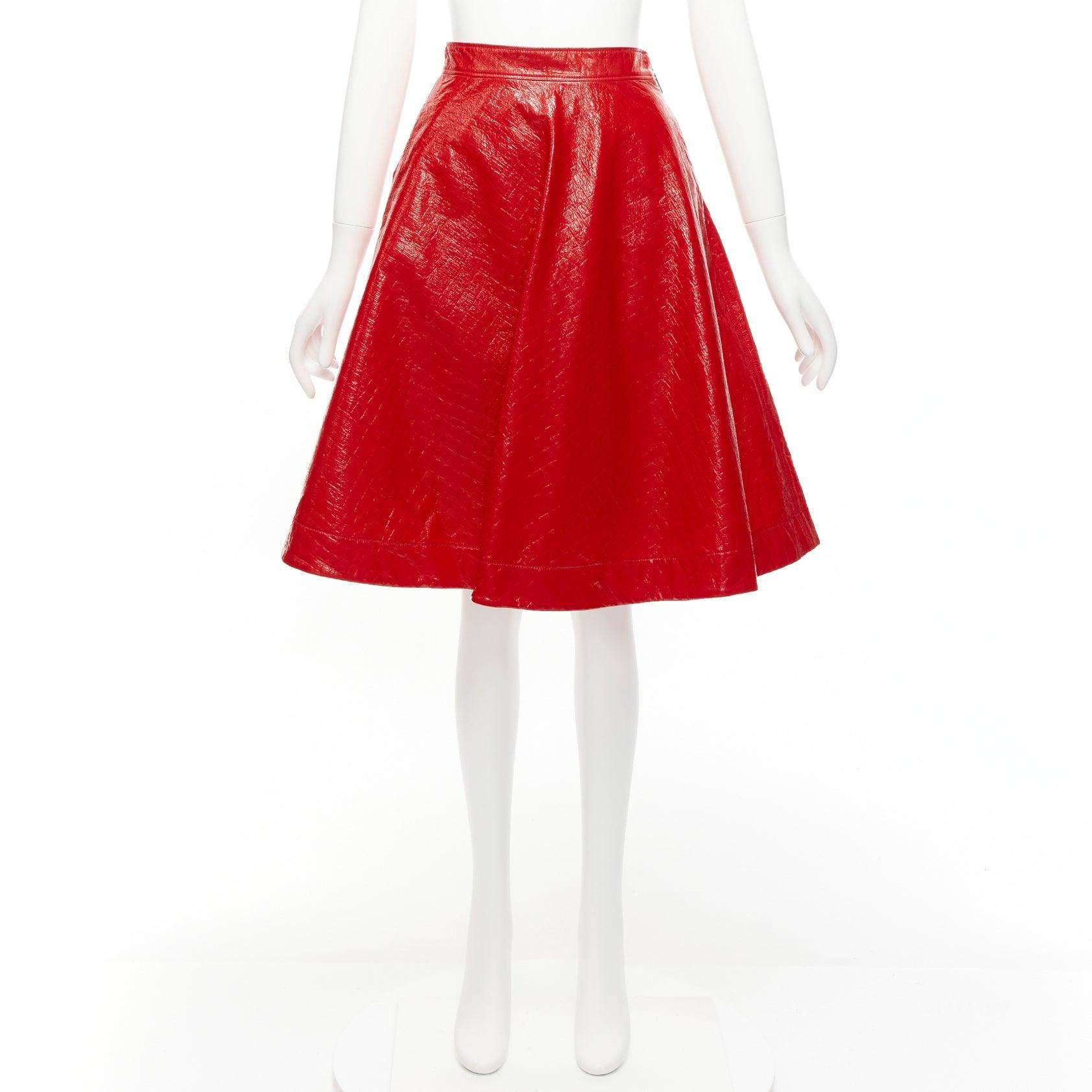 MSGM red faux patent high shine crinkled A-line flared skirt IT38 XS For Sale 5