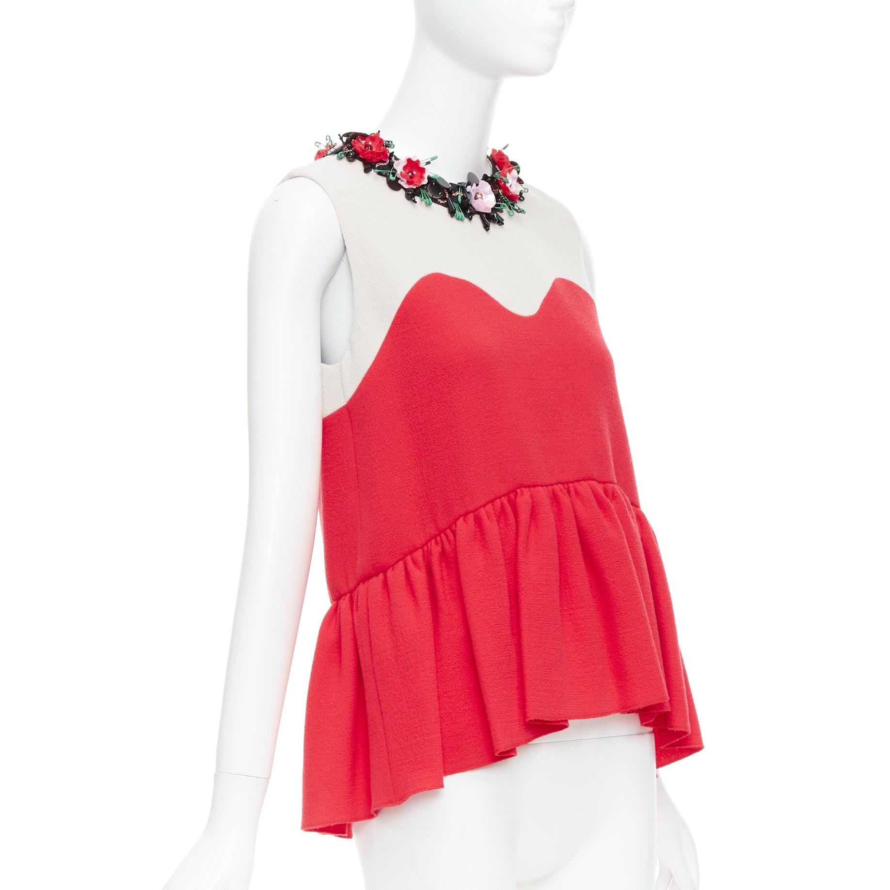 Red MSGM red nude floral embellished collar peplum vest top IT42 M For Sale