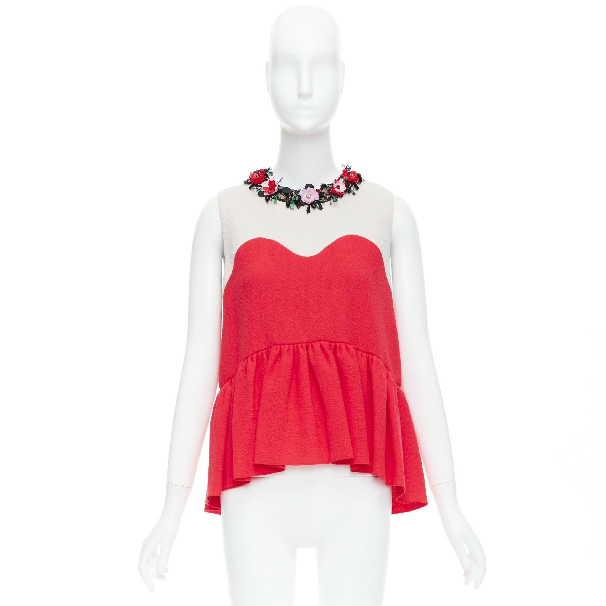 MSGM red nude floral embellished collar peplum vest top IT42 M For Sale 4
