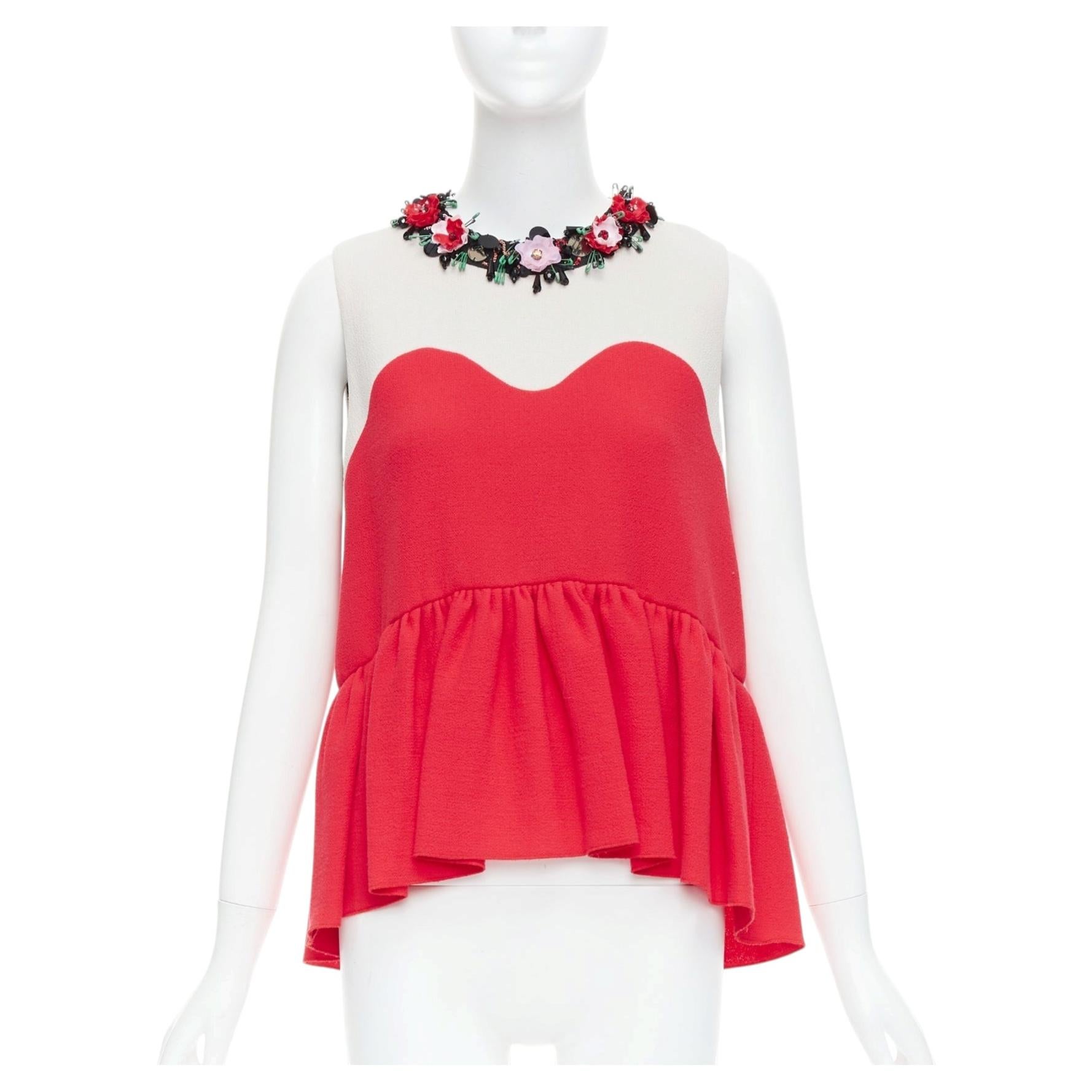 MSGM red nude floral embellished collar peplum vest top IT42 M For Sale