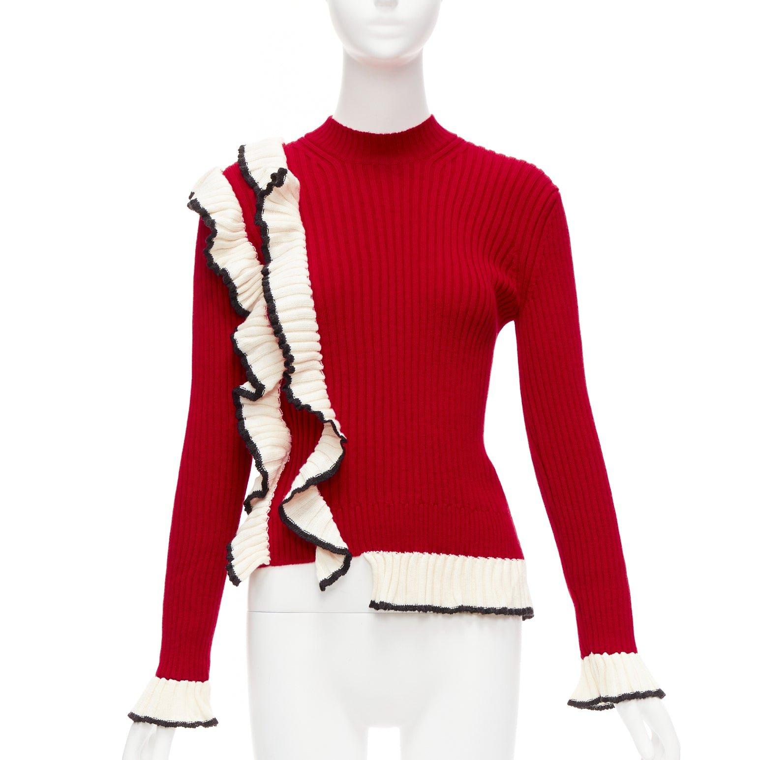 Rouge MSGM - Pull en laine mélangée rouge, blanc, bordures à volants et poignets évasés en maille côtelée XS en vente