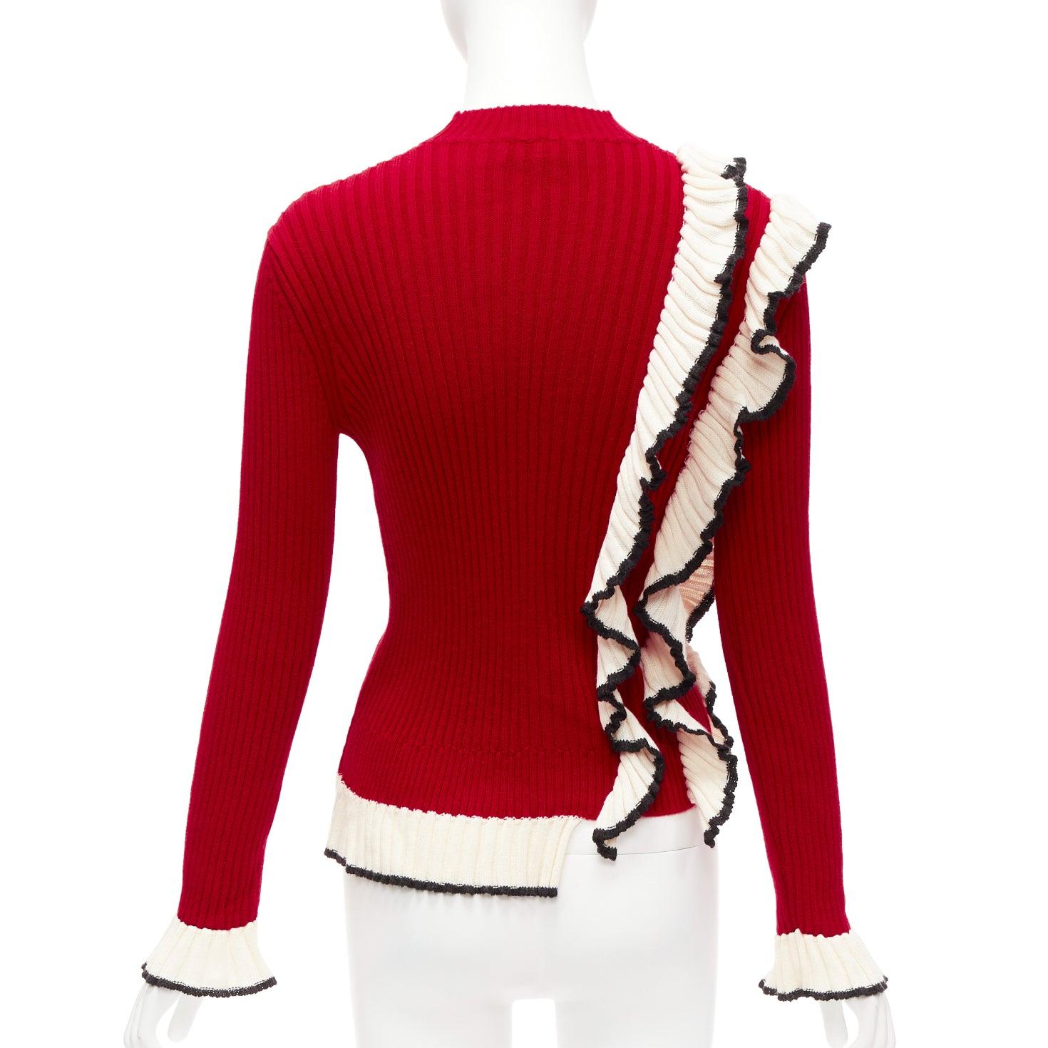 MSGM red wool blend white ruffle trim flared cuff ribbed knit sweater top XS For Sale 1