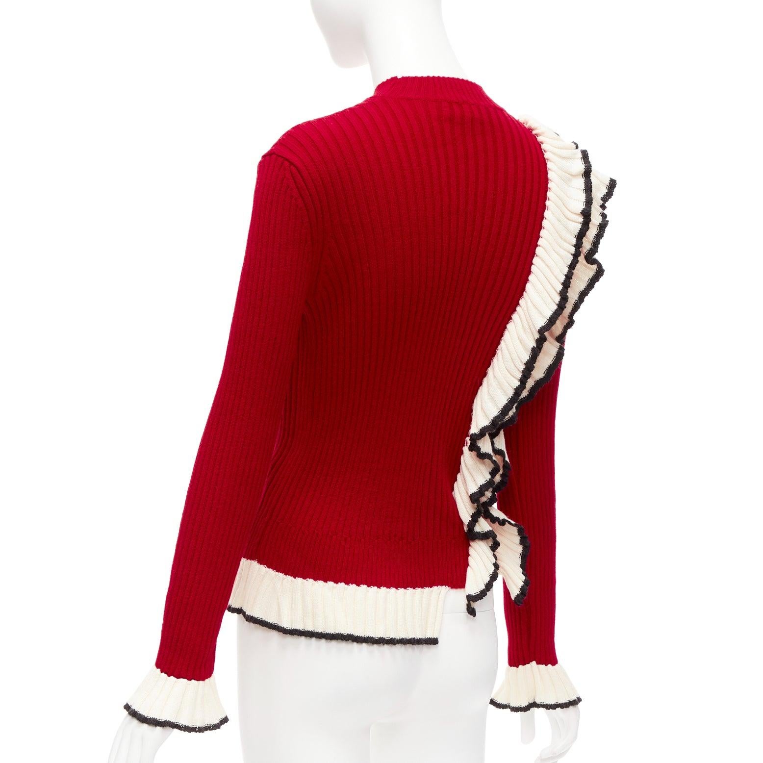 MSGM red wool blend white ruffle trim flared cuff ribbed knit sweater top XS For Sale 2