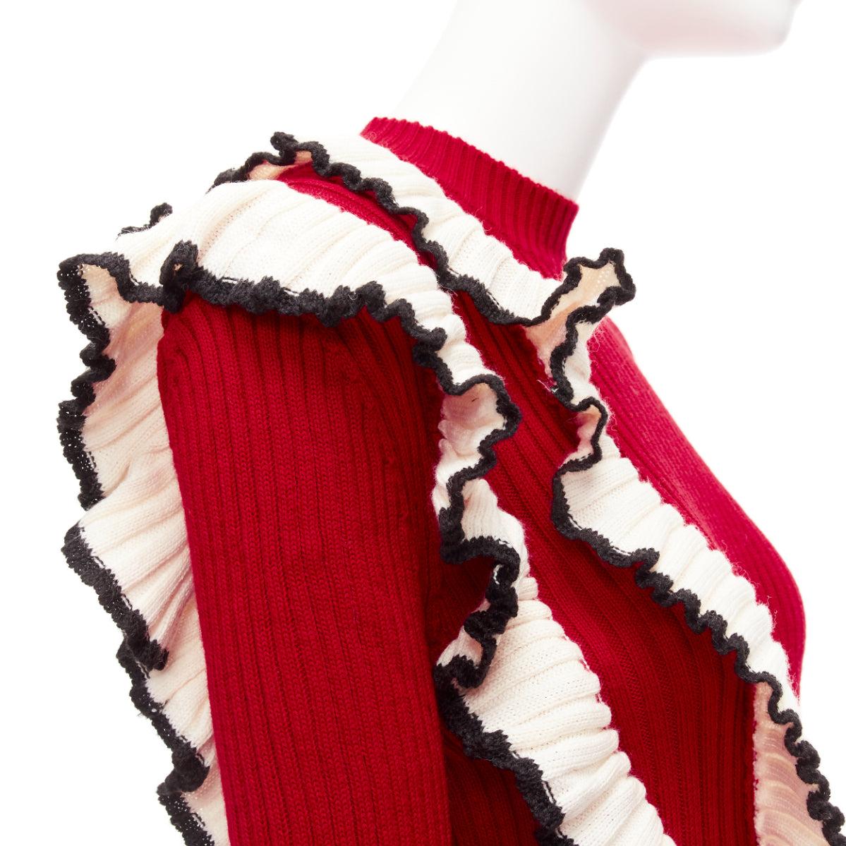 MSGM red wool blend white ruffle trim flared cuff ribbed knit sweater top XS For Sale 3