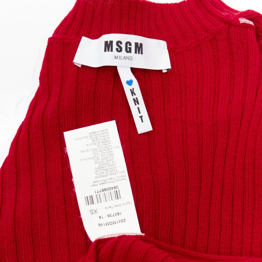 MSGM red wool blend white ruffle trim flared cuff ribbed knit sweater top XS For Sale 4