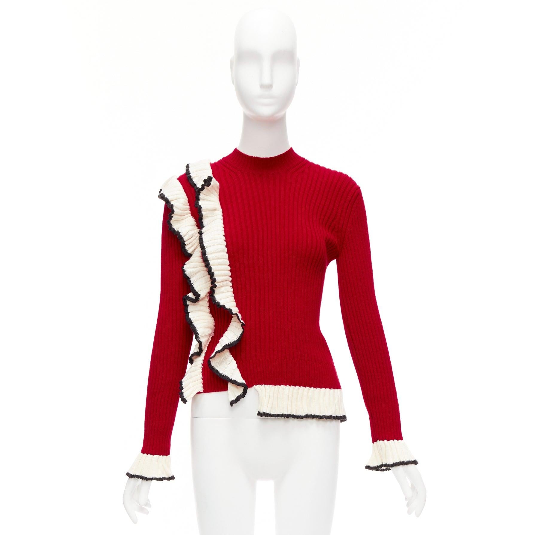 MSGM red wool blend white ruffle trim flared cuff ribbed knit sweater top XS For Sale 5
