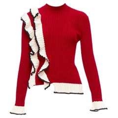 MSGM red wool blend white ruffle trim flared cuff ribbed knit sweater top XS