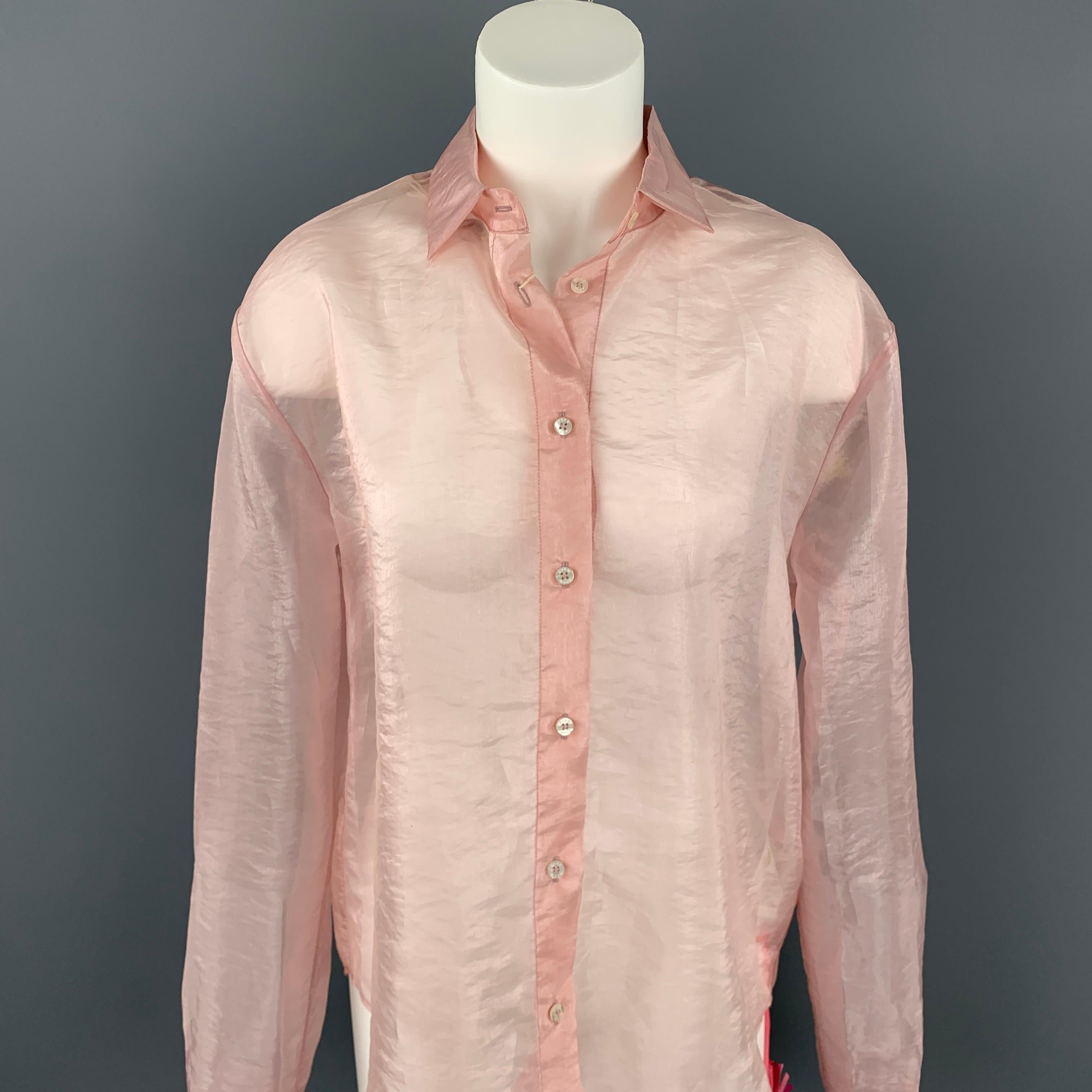MSGM blouse comes in a rose see through polyamide featuring a button up style, loose fit, and a spread collar. Made in Italy.

New With Tags.
Marked: 40

Measurements:

Shoulder: 17.5 in.
Bust: 44 in.
Sleeve: 26.5 in.
Length: 28 in. 