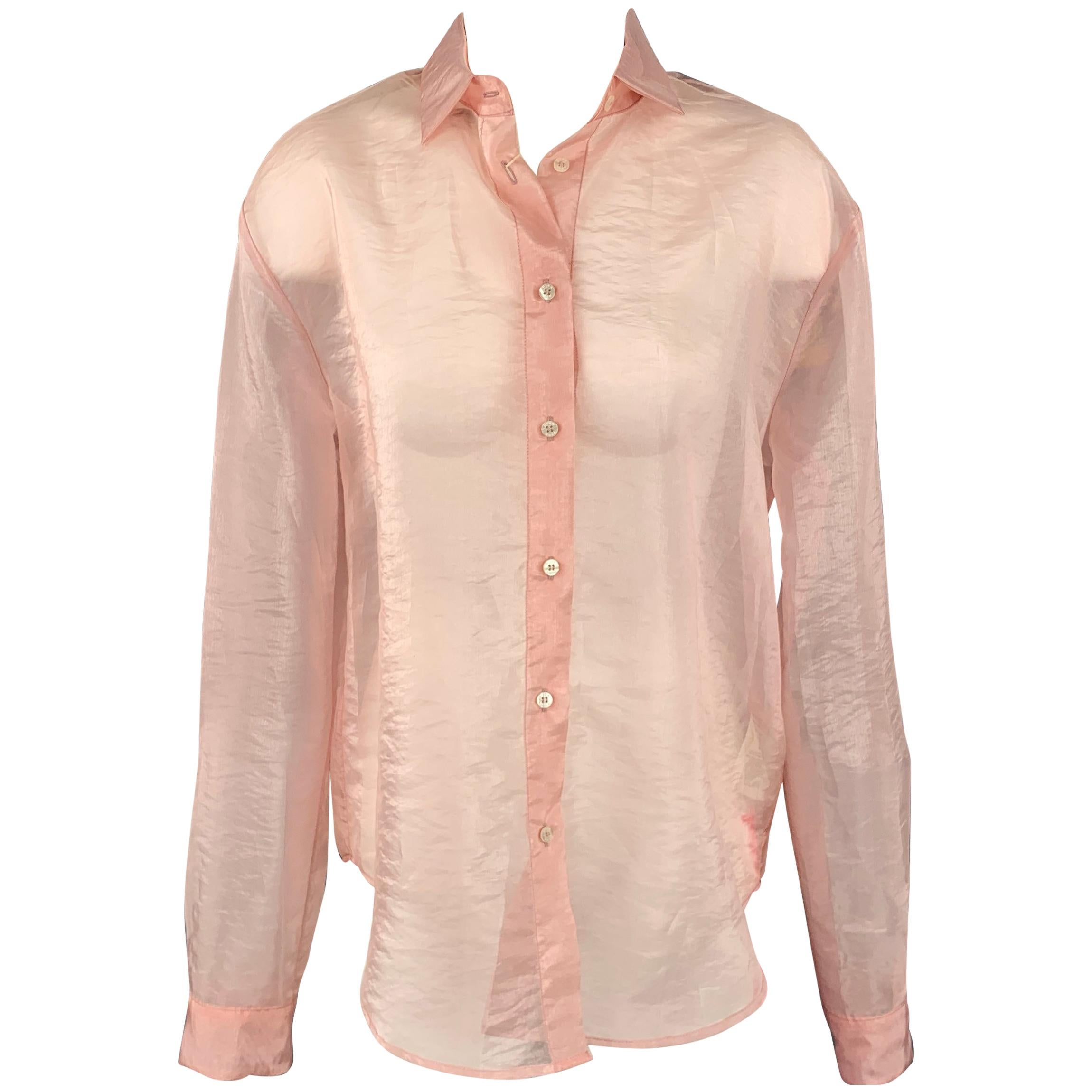 MSGM Size 6 Rose See Through Polyamide Button Up Blouse