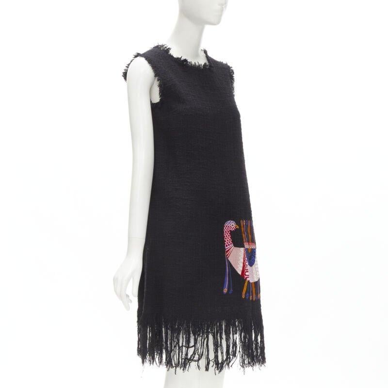 Black MSGM tweed ethnic bird embroidery fringe hem little black dress IT40 S For Sale