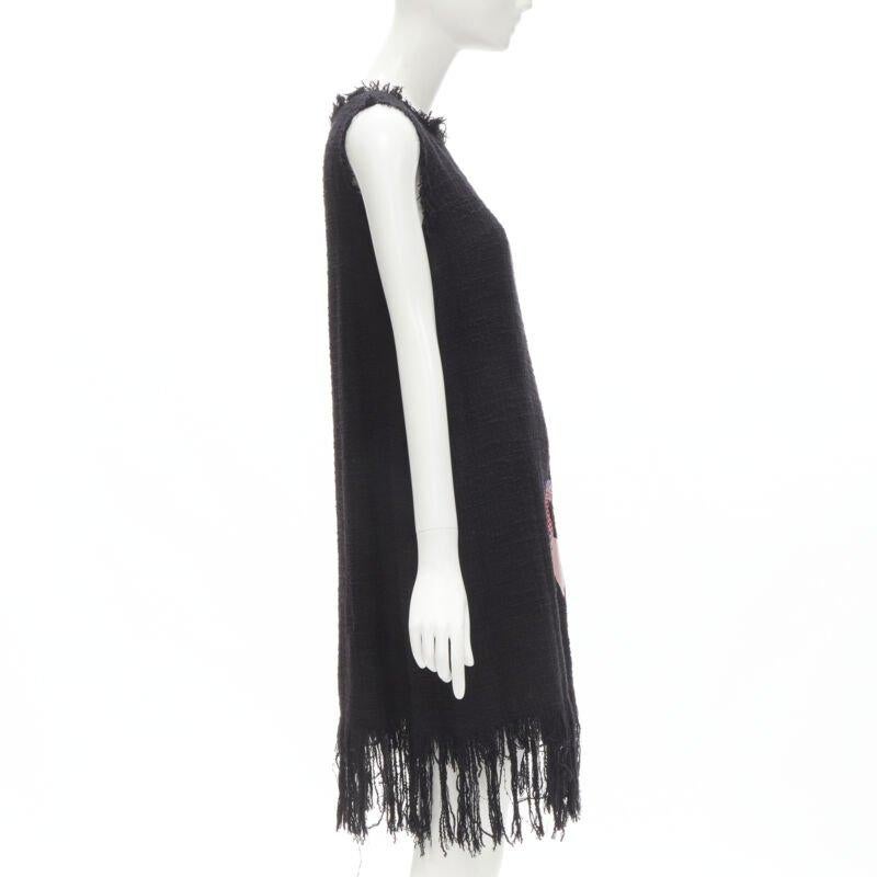 MSGM tweed ethnic bird embroidery fringe hem little black dress IT40 S In Excellent Condition For Sale In Hong Kong, NT