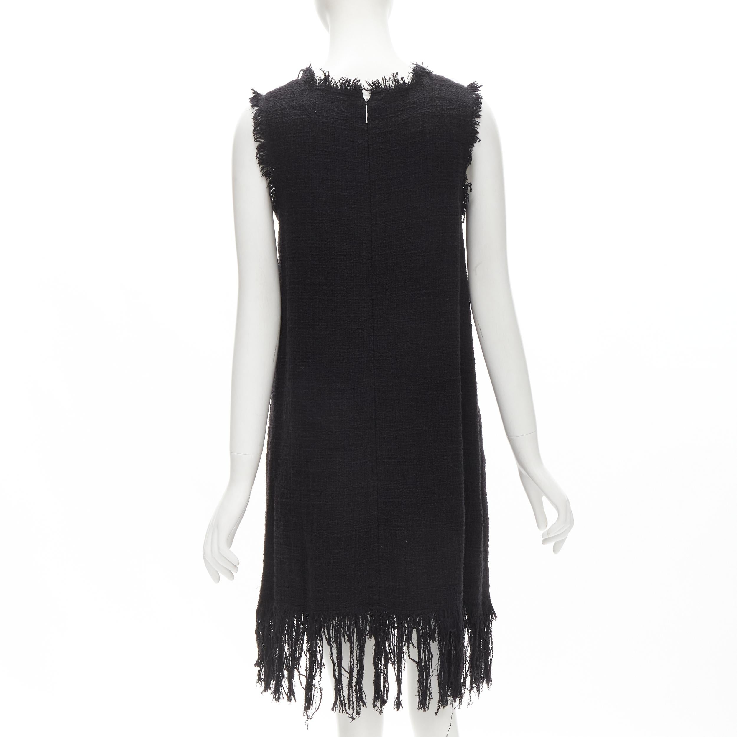 MSGM tweed ethnic bird embroidery fringe hem little black dress IT40 S In Excellent Condition For Sale In Hong Kong, NT