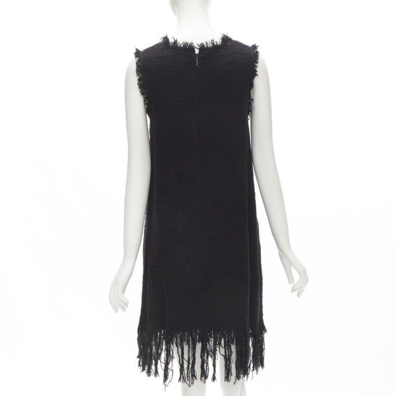 Women's MSGM tweed ethnic bird embroidery fringe hem little black dress IT40 S For Sale