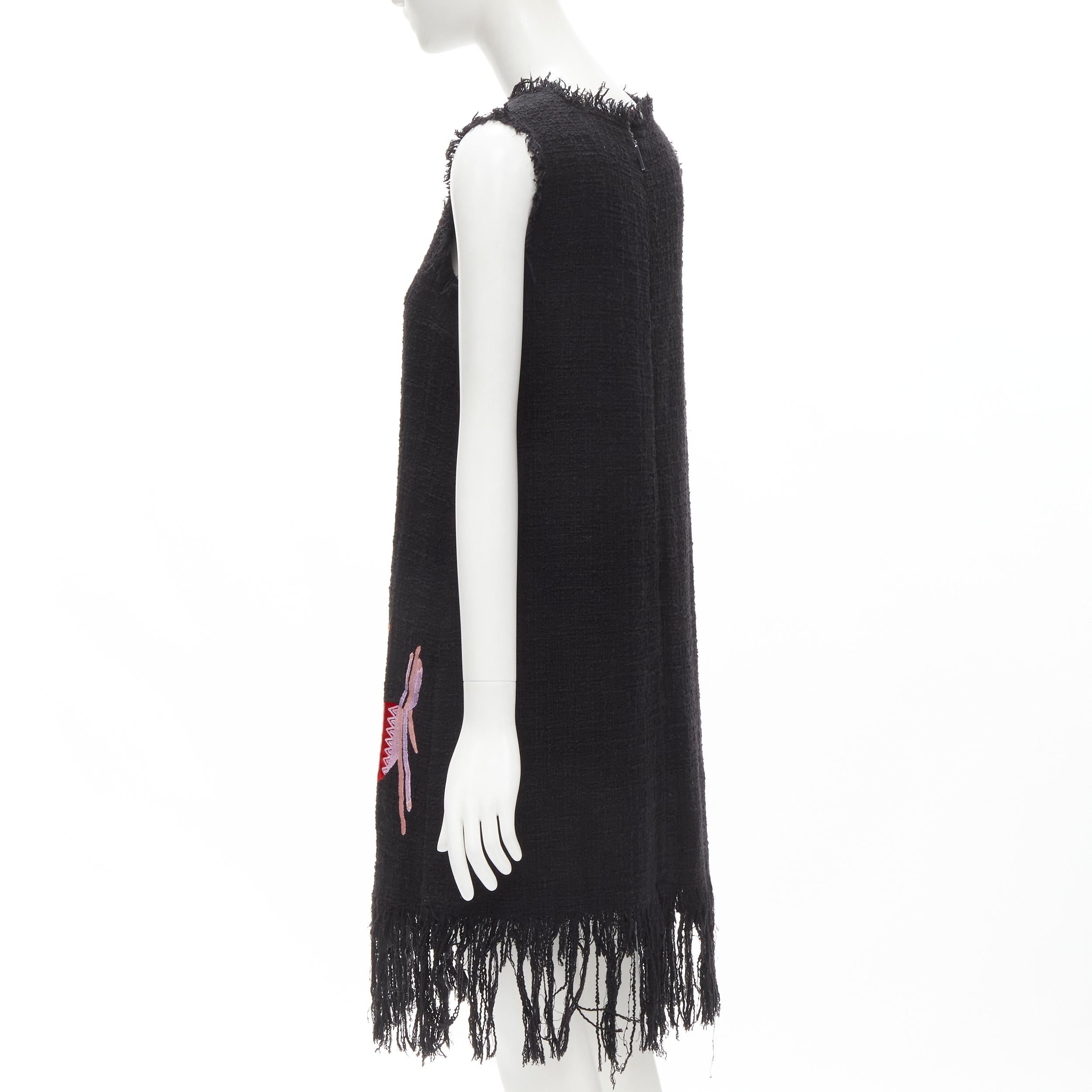 Women's MSGM tweed ethnic bird embroidery fringe hem little black dress IT40 S For Sale