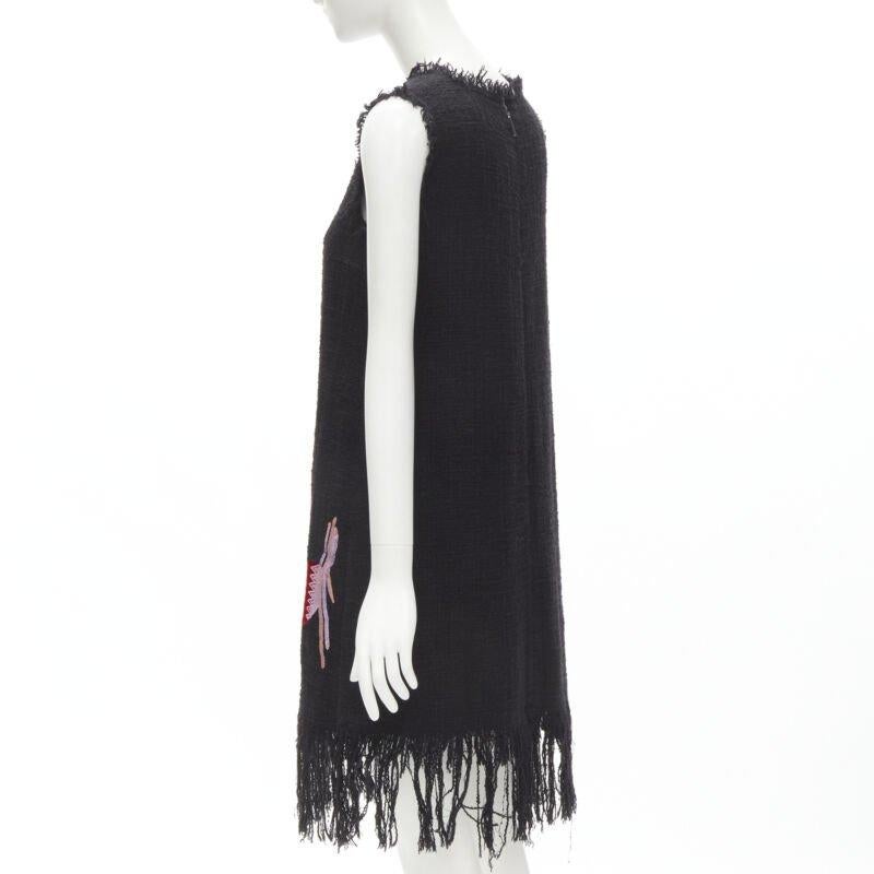 MSGM tweed ethnic bird embroidery fringe hem little black dress IT40 S For Sale 1